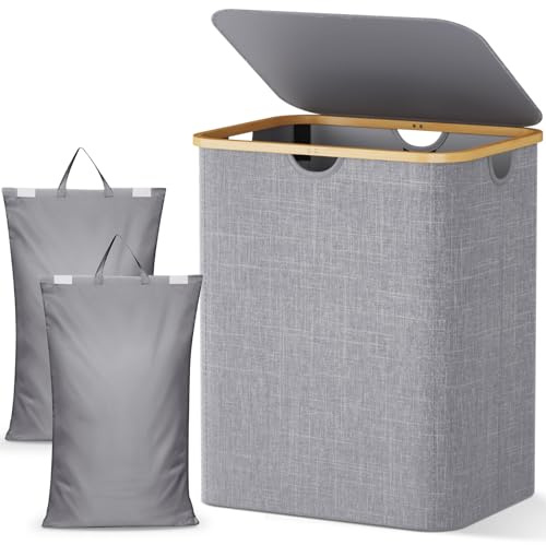 Lifewit 140L Wäschekorb mit 2 Fächern und Deckel, Hellgrau | Großer Wäschesammler mit 2 herausnehmbaren Wäschesäcken, Wäschebox zum Sortieren für Schlafzimmer und Bad