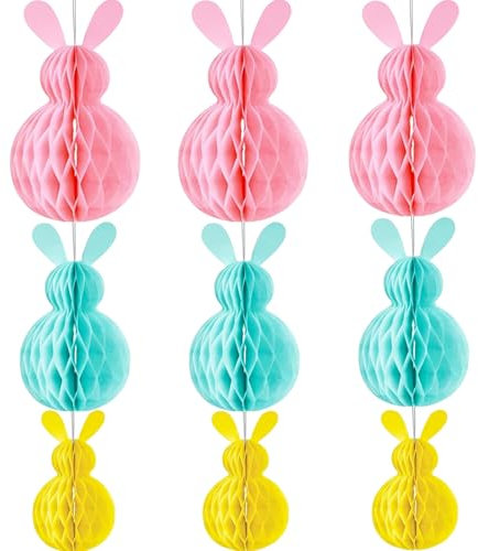 BOOSHMall 9 Pezzi Coniglio di Pasqua a Nido d'Ape, Pasqua Decorazioni Coniglietto, Pasqua a Nido D'ape Carta Decorazione Pasquale Appesaper Decorazione Interna ed Esterna Primavera