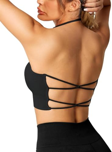 Crewhpo Reggiseno Sportivo Donna Push Up Reggiseni Palestra Fitness Cinghie Incrociate Bralette Crop Top Yoga Senza Ferretto Schiena Scoperta Bra per Running Jogging Ginnastica Nero L