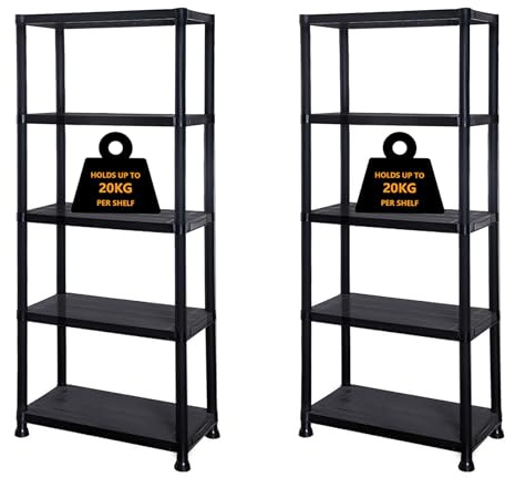Crystals Plastic Shelving Unit 3/4/5 Tier Pack of 1/2/3 | Durable Heavy-Duty Storage Shelves for Garage, Workshop, Shed, Office | Adjustable Plastic Racking (2, 5 Tier Racking Shelve)
