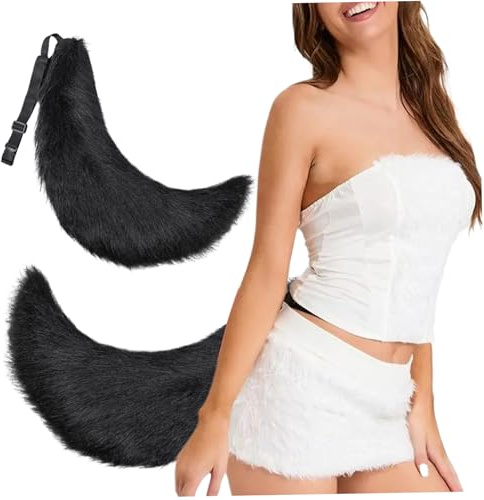 Pesoncarl Therian Tail 27in Halloween Pelry Tail mit Belt Design Faux Pel Wolf für Erwachsene Kinder Cosplay Party Kostümzubehör (schwarz)