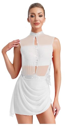 renvena Women's Shiny Rhinestone Lyrical Dance Costume Sleeveless Figure Skating Dress Ballet Skirt Leotards Ivory M