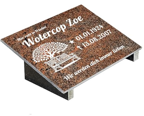 Grabplatte mit Inschrift aus Granit Multicolor Rot, personalisierbar Gedenktafel für Urnengrab, Wählmotiv, Grabstein für 1-2 Pers., Urnengrabstein (Multicolor Rot, 20x30cm mit Stützen, Bank)