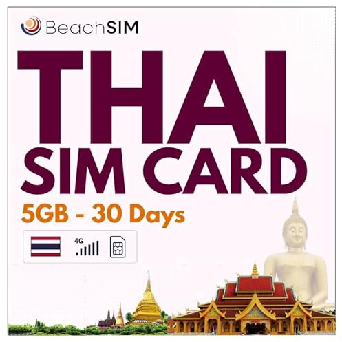 BeachSIM Tarjeta SIM Tailandia 30 días. 5GB de Datos a velocidades 4G/5G. Activación rápida. Recarga fácil. Funciona en Dispositivos iOS y Android.