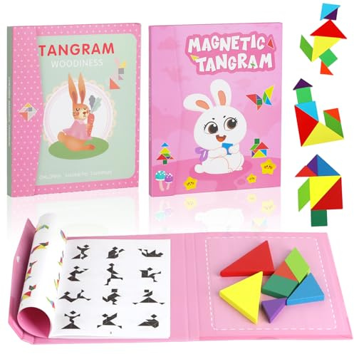 Qivra Tangram Puzzle Kinder, Tangram Magnetisch Kinder Reise, Rosa Geometrische Formen Holzpuzzles, Tangram Spiel für Kind Erwachsene Urlaub Traveller