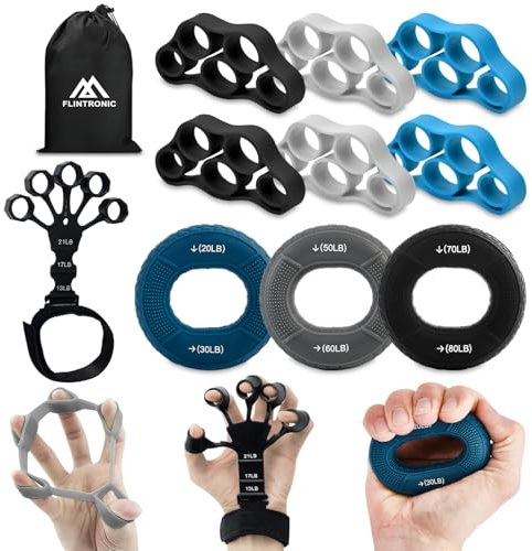 flintronic 11 Pezzi Set per Allenamento delle Mani e delle Dita, Anello di Presa, Anello a Cinque Dita, Pinza di Tensione Nera