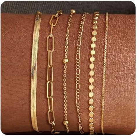 6 Pièces Bracelet Femme, Chaîne Bracelets pour Femme, Plaqué Or 14K Bracelets, Réglable Acier Inoxydable Bracelets, pour Femme Fille Bijoux Cadeau