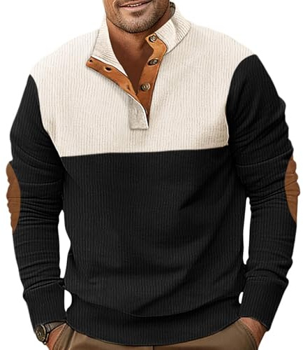 PRIVIMIX Sweat Homme sans Capuche Léger Pull Col à Boutons Sweatshirt Velours Côtelé Sweet, Noir, 3XL