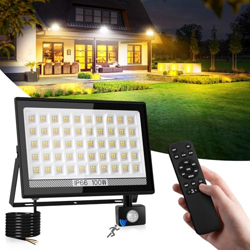 NATPOW Security Light Outdoor Motion Sensor, 100W PIR Floodlight LED with Remote Control, Warm&Cool White Dusk Till Dawn Outdoor Lights, 10000LM Flood Light for Garage Backyard Doorways Garden