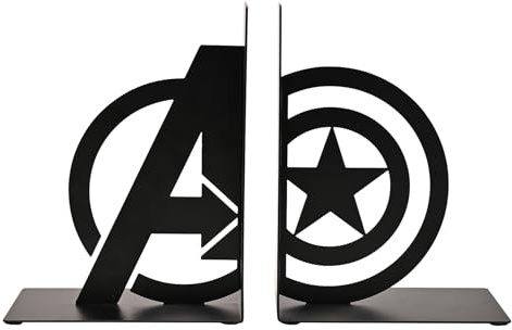 Sujetalibros de metal de Marvel Avengers Capitán América, soportes decorativos de metal negro con logotipo de los Vengadores y diseño de estrellas, organizador de estante de superhéroes para libros y