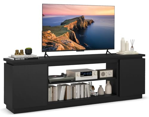 COSTWAY TV Stand Cabinet for 80 Inch TVs, Wooden Media Entertainment Center with Adjustable Shelves and 2 Doors, 178cm Living Room Bedroom TV Unit Console Table for 36 Electric Fireplace (Black)