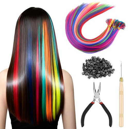 TTYSHIP® 100 Pièces Kit Extension Cheveux Colorés, 50cm Mèche Cheveux Couleur avec Pince, Crochet et 100 Perles pour Party Festival Cosplay
