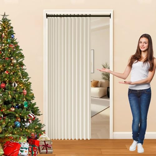 Magnetischer Türvorhang für Schrank 110 x 115 cm Wärme, Gegen Kälte, Schalldämmende, Kälteschutz Hitzeschutz Akkordeon-Tür-Fenstervorhänge für Schlafzimmer, Wohnzimmer, Tür, Beige
