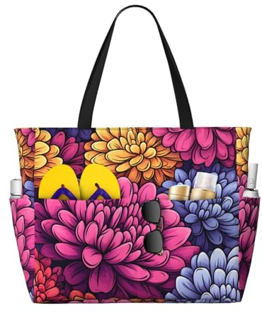ZSUUGJ Bunte Chrysanthemen-Strandtasche mit Reißverschlusstaschen, sanddicht, wasserdicht, Urlaubstasche für Pool, Picknick, Fitnessstudio und Reisen