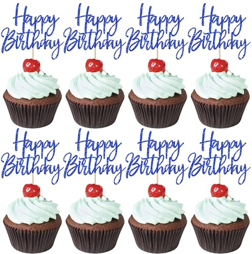 SYKYCTCY 24 Pack Happy Birthday Cupcake Toppers Glitter Happy Birthday Cupcake Picks for Celebrating Anniversary Theme Party Cake Decorations Supplies