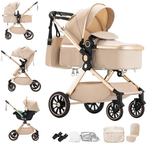 Mobayta Kinderwagen 3 in 1 Komplettset, 0-4 Jahre, bis 22 kg, Kombikinderwagen Reisesysteme für Neugeborene und Kleinkinder (BEIGE-U9-X, U9-X Zweiseitig verstellbar)