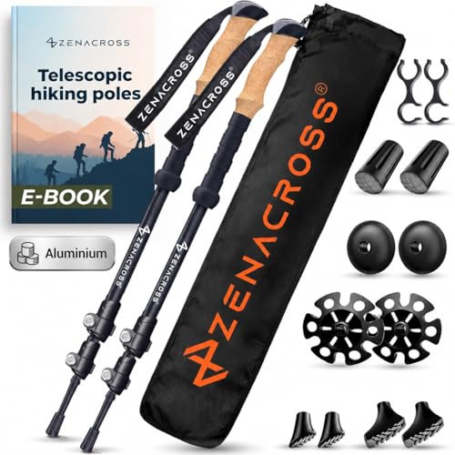 Zenacross® Wanderstöcke Teleskop Aluminium - Nordic Walking Stöcke Damen/Herren Ultraleichte - Trekkingstöcke Einstellbar mit Natürlich Kork Griff