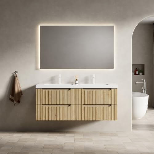 dowowdo Doppelwaschbeckenunterschrank 120 cm, Wandhalterung mit Integriertem Kunststeinbecken, 4 Soft-Close Schubladen, Vormontiert Weiße Eiche