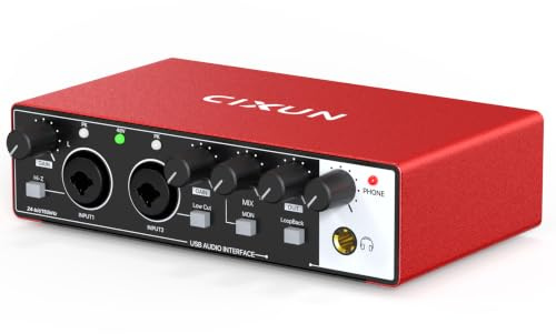 CIXUN - Tarjeta de sonido externa, 2 × 2 interfaz de audio USB-C para PC, 24 bits/192 kHz, entradas dobles TS/XLR, alimentación fantasma +48 V, para estudio/podcast/transmisión en directo (rojo)