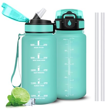 Mujigaga Borraccia 500ml Senza Perdite, Borracce con Cannuccia, Facile da Pulire, Borraccia con Indicatore del Tempo, Borracce Motivazionale per Campeggio, Trekking, Outdoor