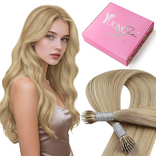 YoungSee Nano Extensions Echthaar Blond 45cm Nanoring Extensions Goldblond Nano Ringe Haare Strähnen Blond Nanoring Extension Echthaar 1g Blonde Nanoring Haarverlangerung Glatt Haar 50g #16/22