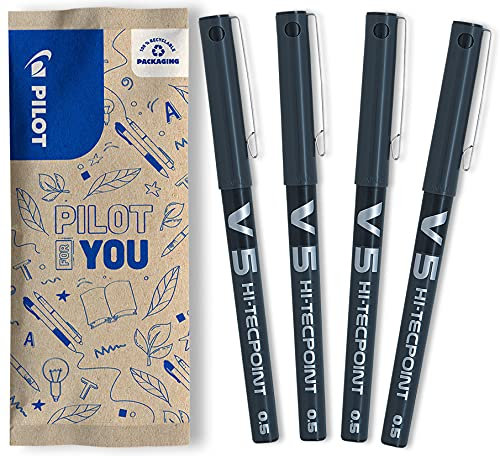 Pilot - Set of 4 V5 Liquid Ink Rollerball 0.5mm - Black - Fine Tip