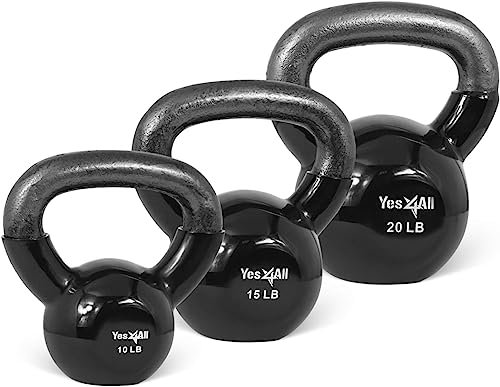 Yes4All Kettlebells 10 15 9 kg Set Gewicht Vinyl beschichtetes Gusseisen für Hantelgewichte Übungen, Fitnessstudio, Fitness, Ganzkörper-Trainingsgeräte Push Up, Grip und Krafttraining, Schwarz