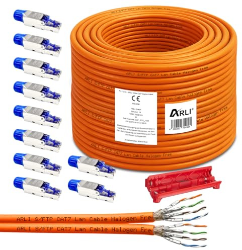 ARLI 100m Duplex Cat7 Verlegekabel + 10x RJ45 Netzwerkstecker Cat8.1 + Kabelmesser S/FTP doppelt geschirmt LSZH halogenfrei Werkzeuglose Montage Ethernet Twin Netzwerkkabel bis zu 10 Gbit/s 1000 MHz