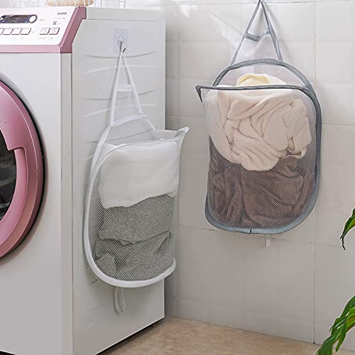 Pop-up Hanging Laundry Hamper Small Mesh Laundry Basket 2 Pack Foldable Hamper Collapsible Wall Mounted Storage Bag, Back to School Supply Grey & White