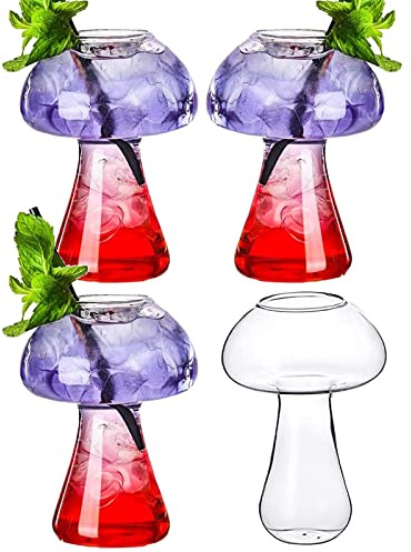 SuproBarware Mushroom Glasses Mushroom Cocktail Glass Cup Set of 4 Clear Mushroom Shaped Drink Cups 8oz/250ml Wine Glasses Party Novelty Mushroom Glasses Drinking Glassware KTV Bar Club (Transparent)