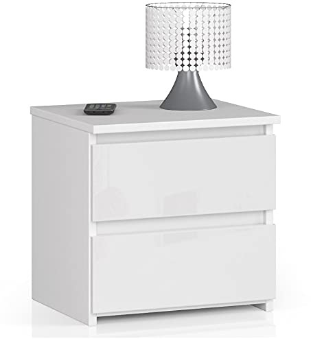 AKORD | Kommode 2 Schubladen Sideboard Mehrzweckschrank Schrank | Schreibtisch | ecktisch | Eck Schreibtisch für Home Office | Einfache Montage | 40x40x35 | Weiß & Weiß Glanz Front