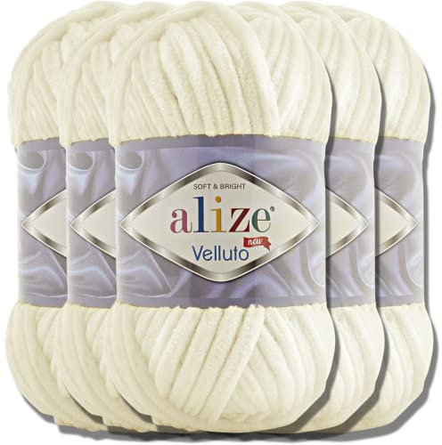 Alize 5x 100g Velluto türkische Wolle Super Bulky Chenillegarn Kuschelweich Babywolle Handstrickgarn zum häkeln weiches Chenille-Garn XXL-Knäuel für Amigurumi (Light Cream | 62)