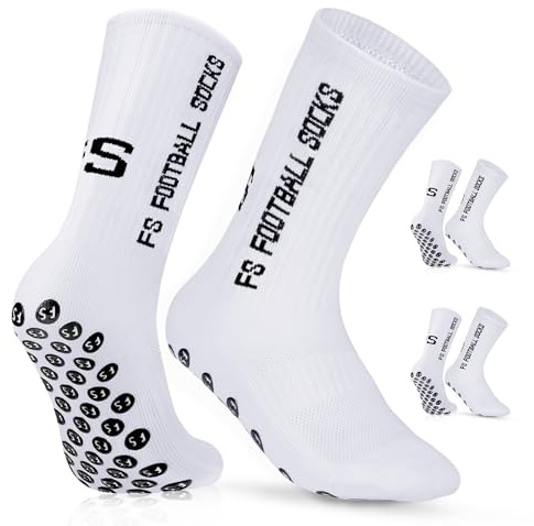 Dinjunxi Chaussette Antidérapante Foot 2 Paires Chaussettes Antiderapantes Homme Femme, EU 39-46 / UK 6-11, 75% Coton, Chaussette Sport pour Football Basket Rugby Yoga Trekking, Blanc