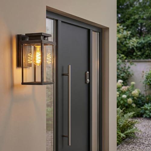 HOFSTEIN Außenwandleuchte Tieva, Außenwandlampe mit Bewegungsmelder aus Metall/Glas in Schwarz-Silber/Klar, Wandleuchte im Retro/Vintage-Design m. Lichteffekt, E27, IP44, Eingangsbereich, Haustür, Hof