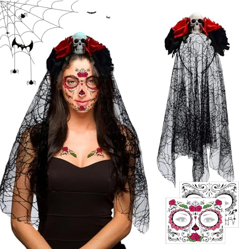 Halloween Tag der Toten Haarreif und Schleier, Mexikanische Rose Stirnband Mit Totenkopf, Day of The Dead Haarreif Mit Gesicht Tattoos für Damen Karneval und Parties