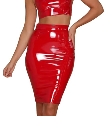 SamHeng Women PU Leather Pencil Skirt - Shiny Metallic Wet Look Bodycon Midi Skirt - High Waist, Sexy Office/Party Clubwear Dress, Red/XL