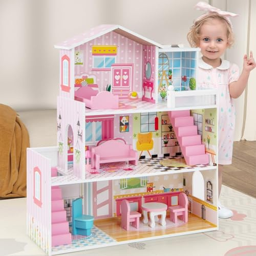 RELAX4LIFE Casa de muñecas de madera con 3 pisos, 5 habitaciones y muebles, accesorios y 2 escaleras y bonitos fondos, juguete para niños 3 años +