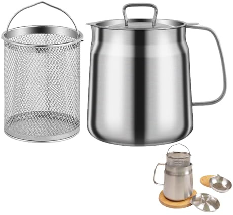 Peticehi Stainless Steel Oil Filter Pot with Strainer for Kitchen, 304 Stainless Steel, Large Capacity, Versatile Oil Fryer and Filter Cup Combo Vessel (2L)