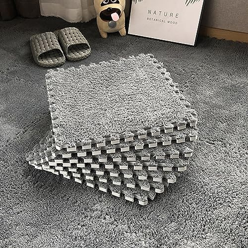 Lot de 10/20 dalles de moquette emboîtables en mousse - 30 x 30 cm - Puzzle en peluche - Tapis de sol avec bordure - Pour salon et chambre à coucher - Gris