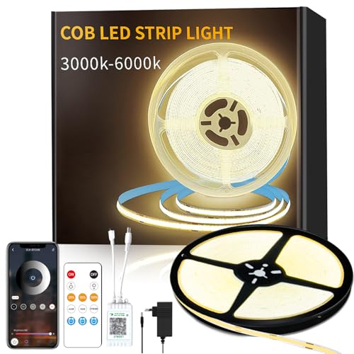 Yeewhale 20M COB LED Strip DC 24 V Flexible 3000K Warmweiß COB led streifen | COB LED Band mit App Steuerung&Fernbedienung Dimmable Bright Under-Unit Light for Home Party DIY Decoration
