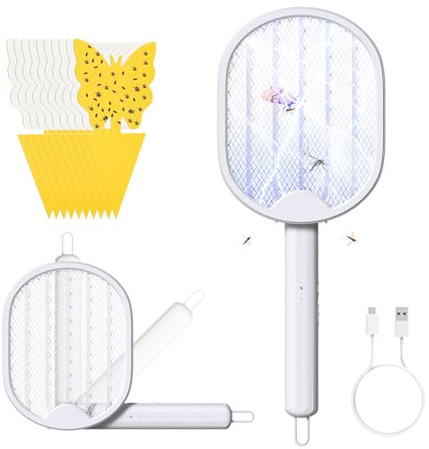 Elektrische Fliegenklatsche extra stark mit 1 Stück Gelbsticker, 3000V Elektro Mückenklatsche und UV Lichtfalle Mückenlampe 2 in 1, USB mit Akku Aufladbar Fliegenfänger Mückenfalle