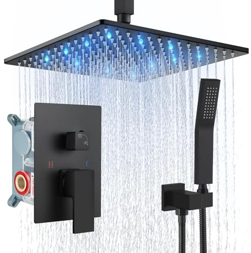 Aolemi Ceiling Mount Shower Faucet Set with Handheld Spray High Pressure Shower Faucets Sets Complete Rough-in Valve and Shower Trim Kit System Included Rainfall Matte Black 12 Inch LED Shower Head