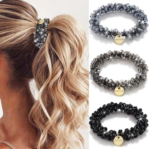 Reaky Haargummis mit Perlen, Strass, Pferdeschwanzhalter, Perlen, Haargummis, 3 Stück, elastisches Haarband, Haar-Accessoires für Damen (A)