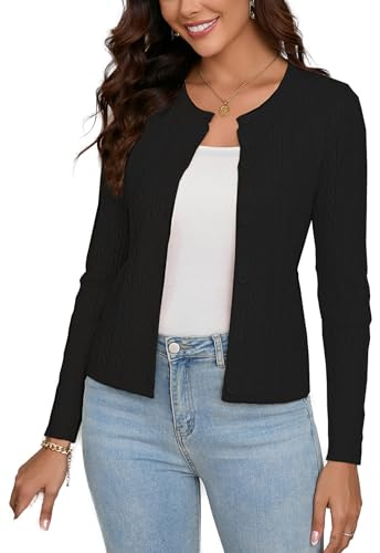 Dosieyeo Damen Strickjacke Langarm Cardigan mit Knöpfen Elegant Casual Rundhals Strickweste Zopfmuster Weiche Warme Jacke schwarz,M