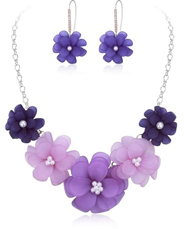 EVER FAITH Hell blaue Blume Statement Halskette Boho Sommer Urlaub Strand Schmuck Floral Kragen Halsketten mit Ohrringen für Damen