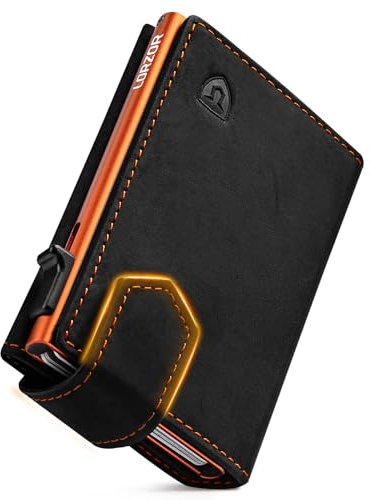 LORZOR Kartenetui mit Magnetischer Verschluss, Slim Wallet mit Münzfach, Geldbörse Herren RFID Schutz, Portmonee Herren Portemonnaie für 10 Karten, Smart Wallet, Geldbeutel (Orange)