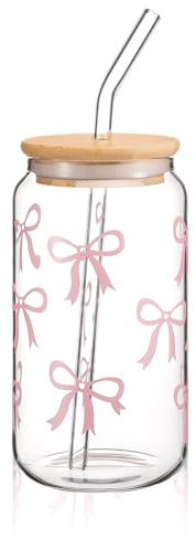 Cosmeria Elegante bicchiere in vetro da 16 oz con coperchio e cannuccia, design Coquette Bow, versatile per caffè, cocktail e altro ancora