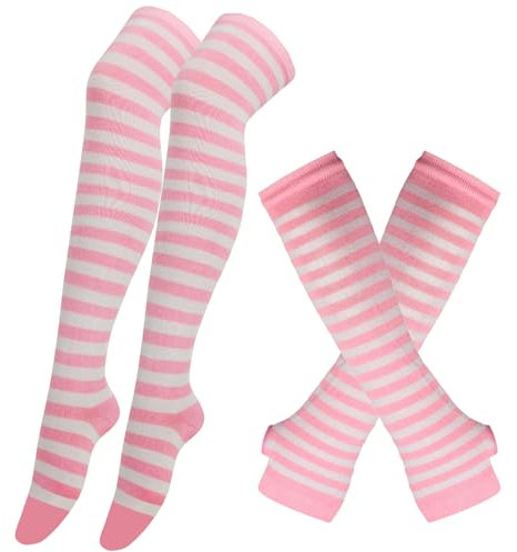 BRTNUP Gestreifte Armstulpen-Beinstulpen-Set, gestreifte Socken über dem Knie, gestreifte Armstulpen-Fingerlose Handschuhe für Mädchen und Frauen (Rosa und Weiß, One Size)