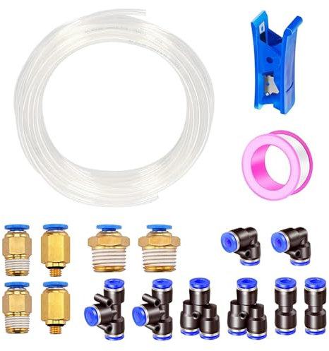 HAXIHA 12 Metros Manguera Neumática 6mm OD/4mm ID,Transparente Tubo Aire Comprimido Poliuretano PU Manguera de Aire Tubo Kit,Conexión Rápida de Tuberías de Aire con 14Pcs Guarniciones Neumaticas