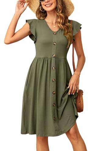 SENBATU Robes d'été Femmes Manches à Volants Robe de Plage col en v Robe midi plissée avec Poches Uni Vert armée X-Large XL 46-48